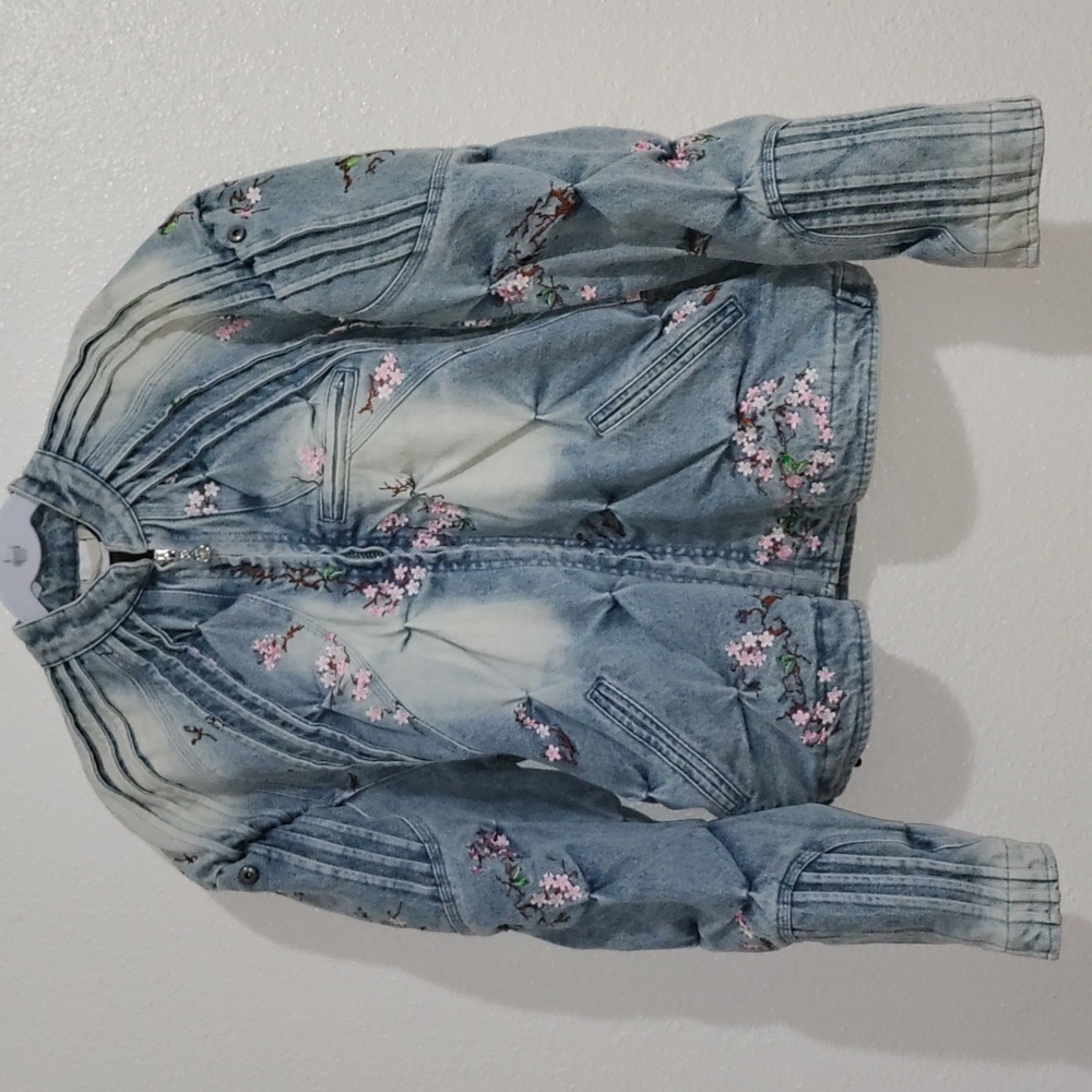 CHERRY BLOSSOM DENIM RACER JACKET BY BAD SON Medium UNISEX OVERSIZED COAT - Picture 7 of 10